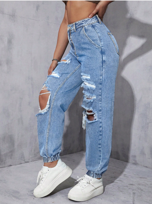 Jeans joggers de talle alto desgarro